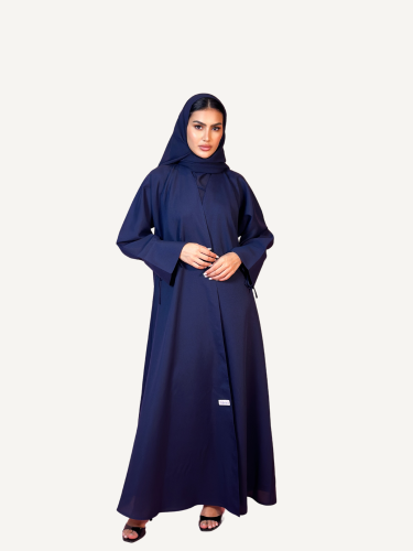 عباية كريب كتان كحلي مع ربطة على الكم