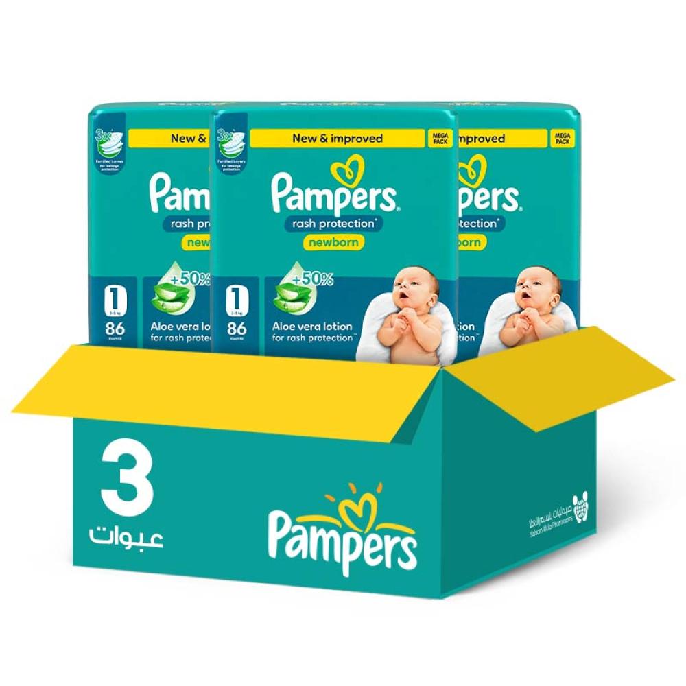 Pampers Mega 1 Baby Diapers, 86 count * 3 counts | Value Box