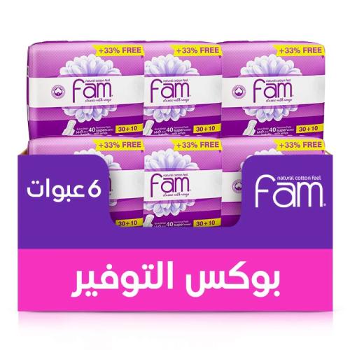 Fam Classic Large Sanitary Pads with Wings 30+10 Pads *6 Pads | Value Box