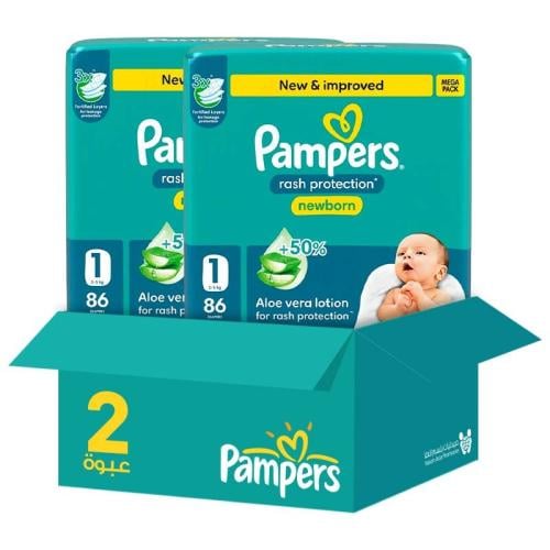 Pampers Mega Baby Diapers Size 1 86 Count * 2 Packs | Saver Box