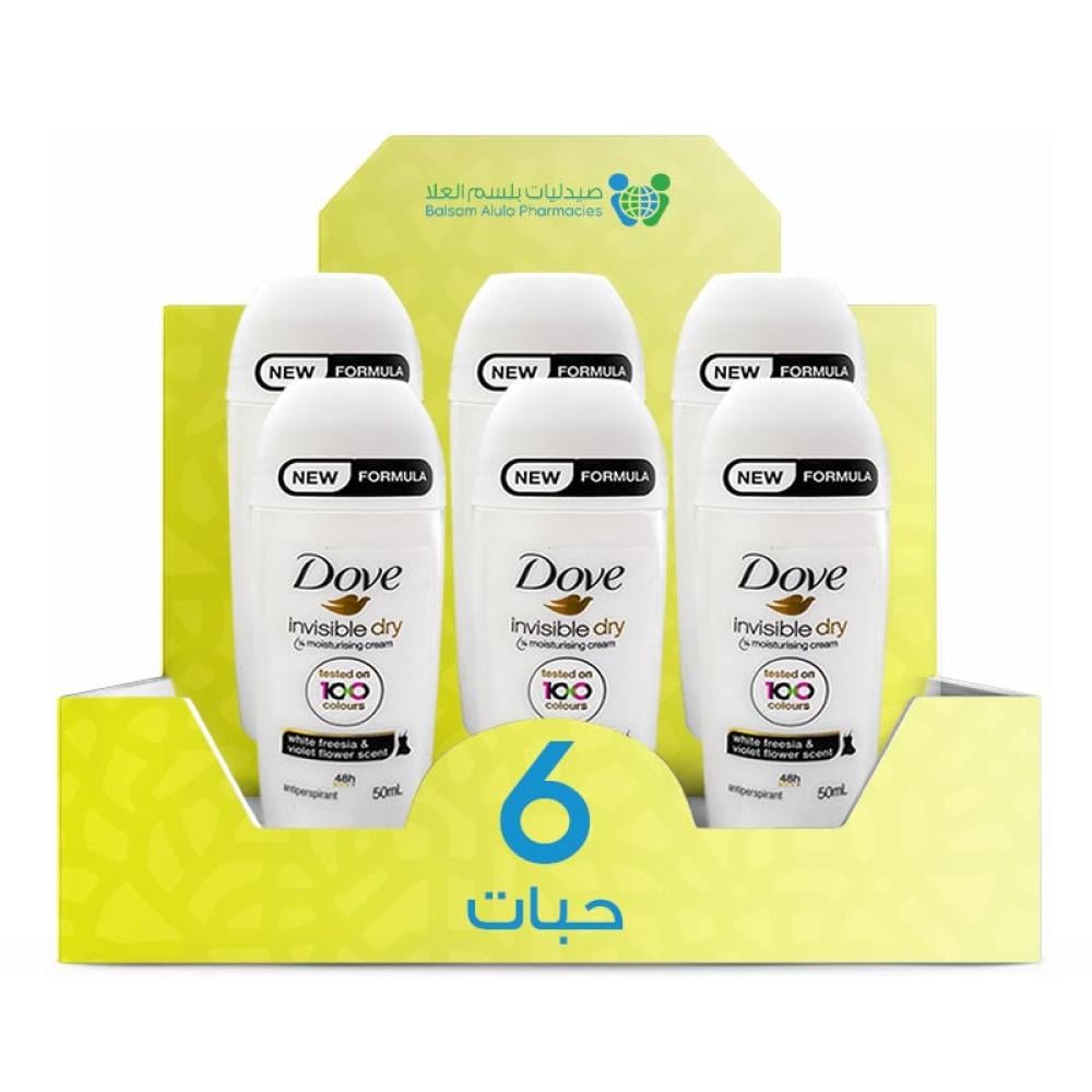 Dove Invisible Dry Roll-On Deodorant with White Freesia & Violet Scent, Imported, 50ml * 6 Pack | Value Box