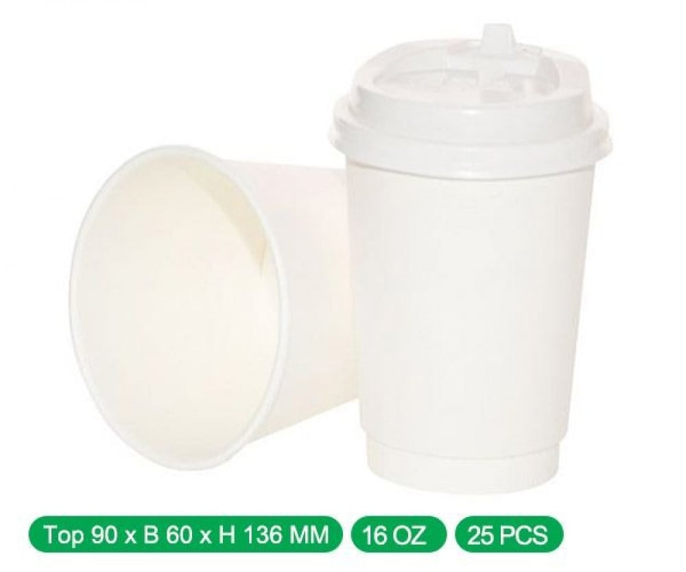 كاسات كبتشينو 16 اونص ابيض دبل مع الغطاء  كرتون شد 500 كوب | 20 ربطة * 25 حبة