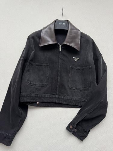 Prada Cropped Black Denim Jacket with Leather Coll...