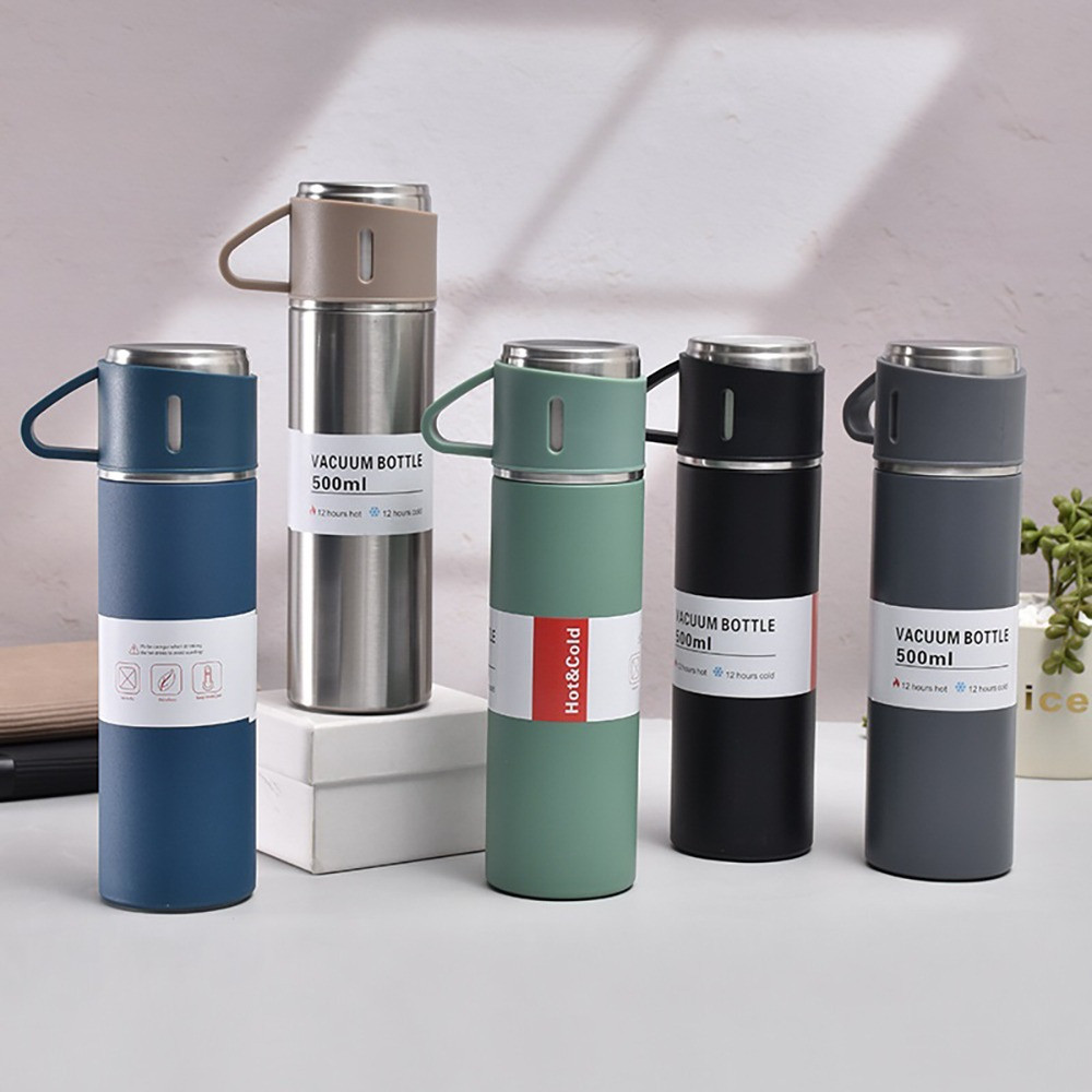 Thermos set of 500 ml and double-layer stainless steel cups, leak