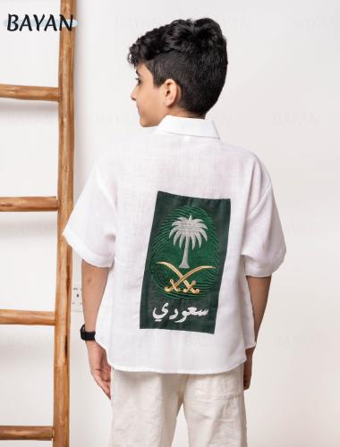 قميص كتان كم قصير بصمة سعودي