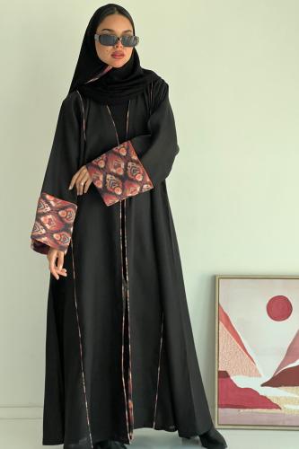 عباية لنن أسود مع أضافة لنن مشجر