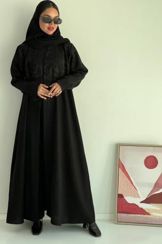 عباية كريب لمار أسود مع كريب كتان بتشجيرة لمعة