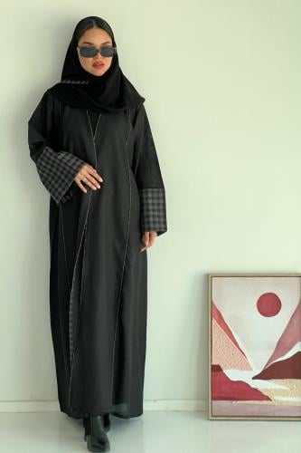 عباية لنن أسود مع أضافة لنن رصاصي