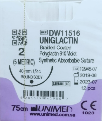 خيط فيكريل UNIGLACTIN 2 40MM 1/2C ROUND
