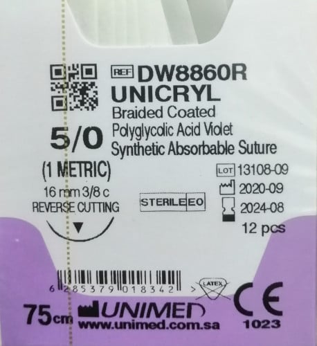 خيط فيكريل UNIGLACTIN 13mm 1/2 C.R.B 1(5/0)45cm