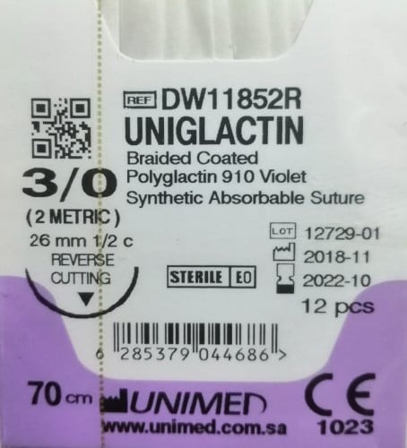 خيط فيكريل VICRYL SUTURE 3/0 26MM 1/2C CUTTING