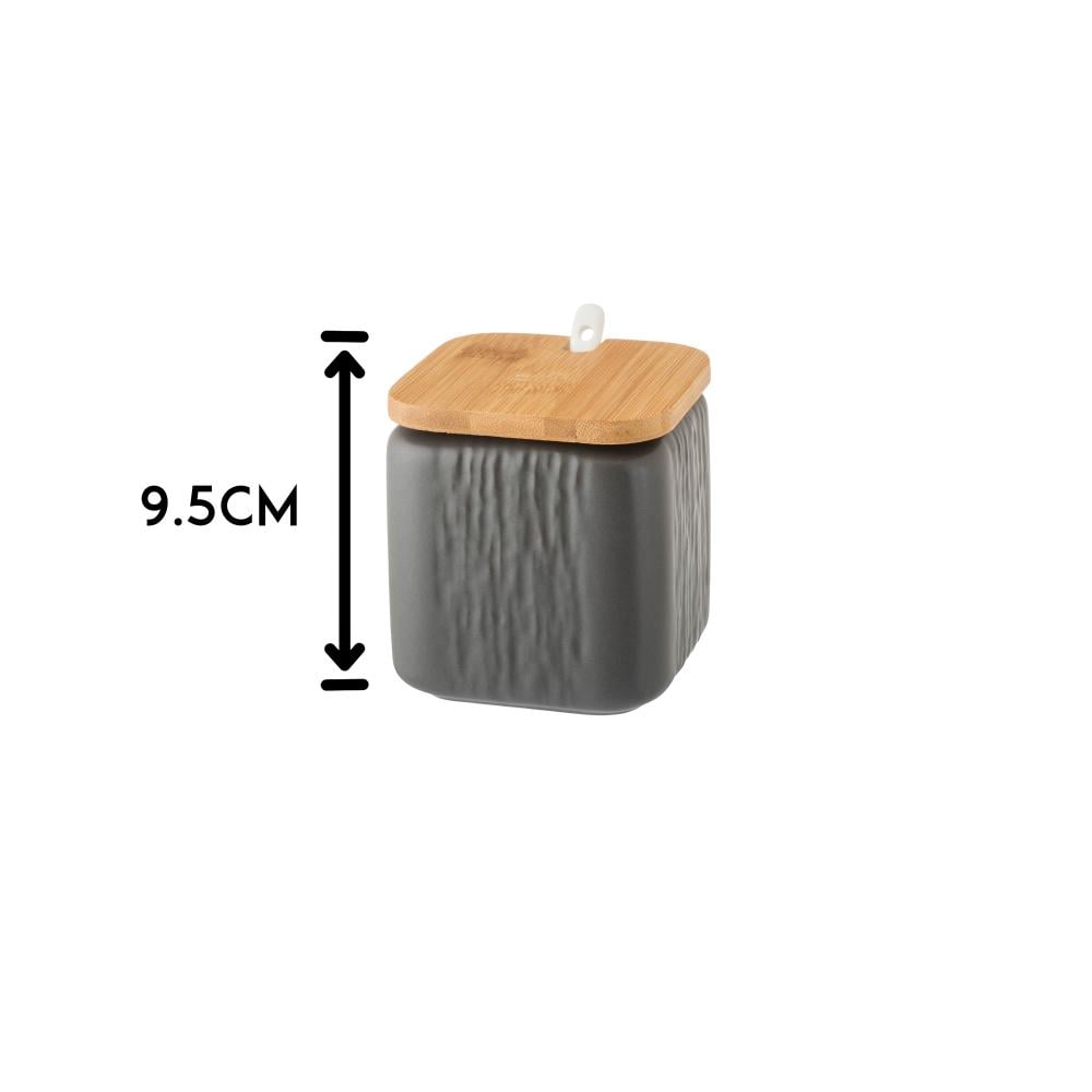 طقم علب سكر وشاي وبهارات مع ملاعق بورسلان رمادي بغطاء واستاند خشب 3 قطعة