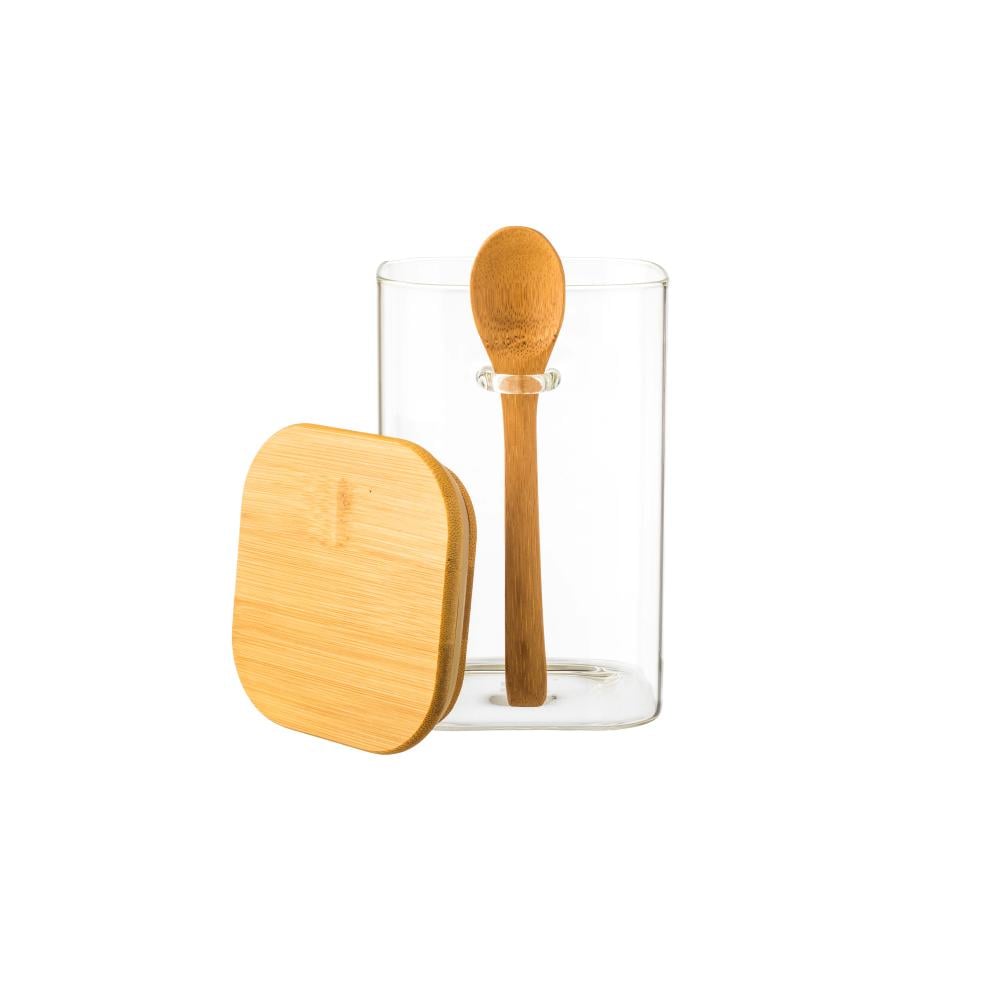 مرطبان زجاج شفاف مربع مع ملعقة خشب للسكر والقهوة بغطاء خشب 15.5 سم