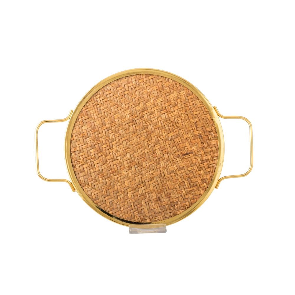 صينية تقديم مدور بيد معدن ذهبي ارضية قش مقاس 30 سم