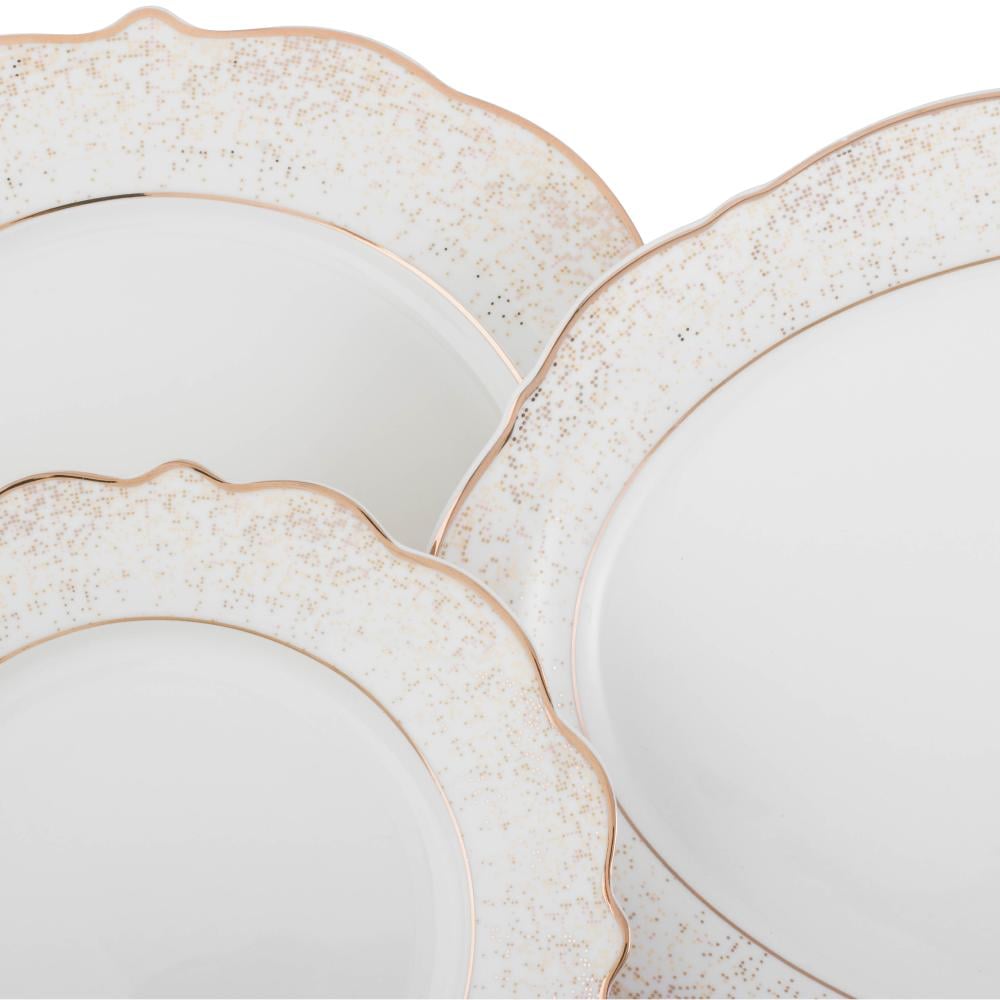 طقم عشاء بورسلان فاخر ابيض وذهبي بنقشات ناعمة 28 قطعة 6 اشخاص