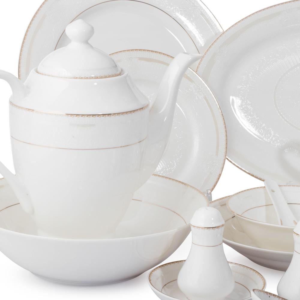 طقم عشاء بورسلان فاخر ابيض بنقش ذهبي مزخرف 70 قطعة 6 اشخاص