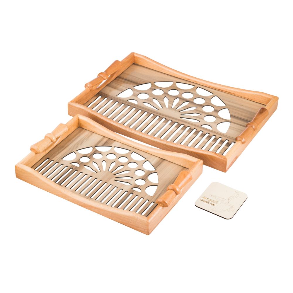 طقم صواني خشب 2 قطعة يد فيونكه ارضية مزخرفة مع طبقة عازلة اكريلك شفاف