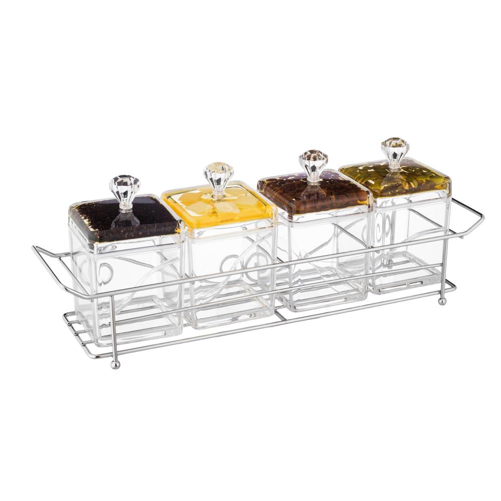 طقم علب سكر وشاي اكريلك 4 علبة مع استاند معدن فضي