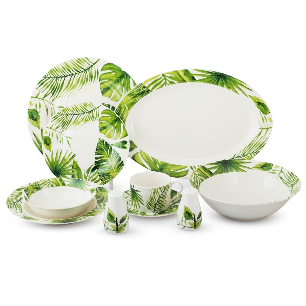 طقم عشاء بورسلان فاخر 40 قطعة اوراق الشجر اخضر 6 اشخاص