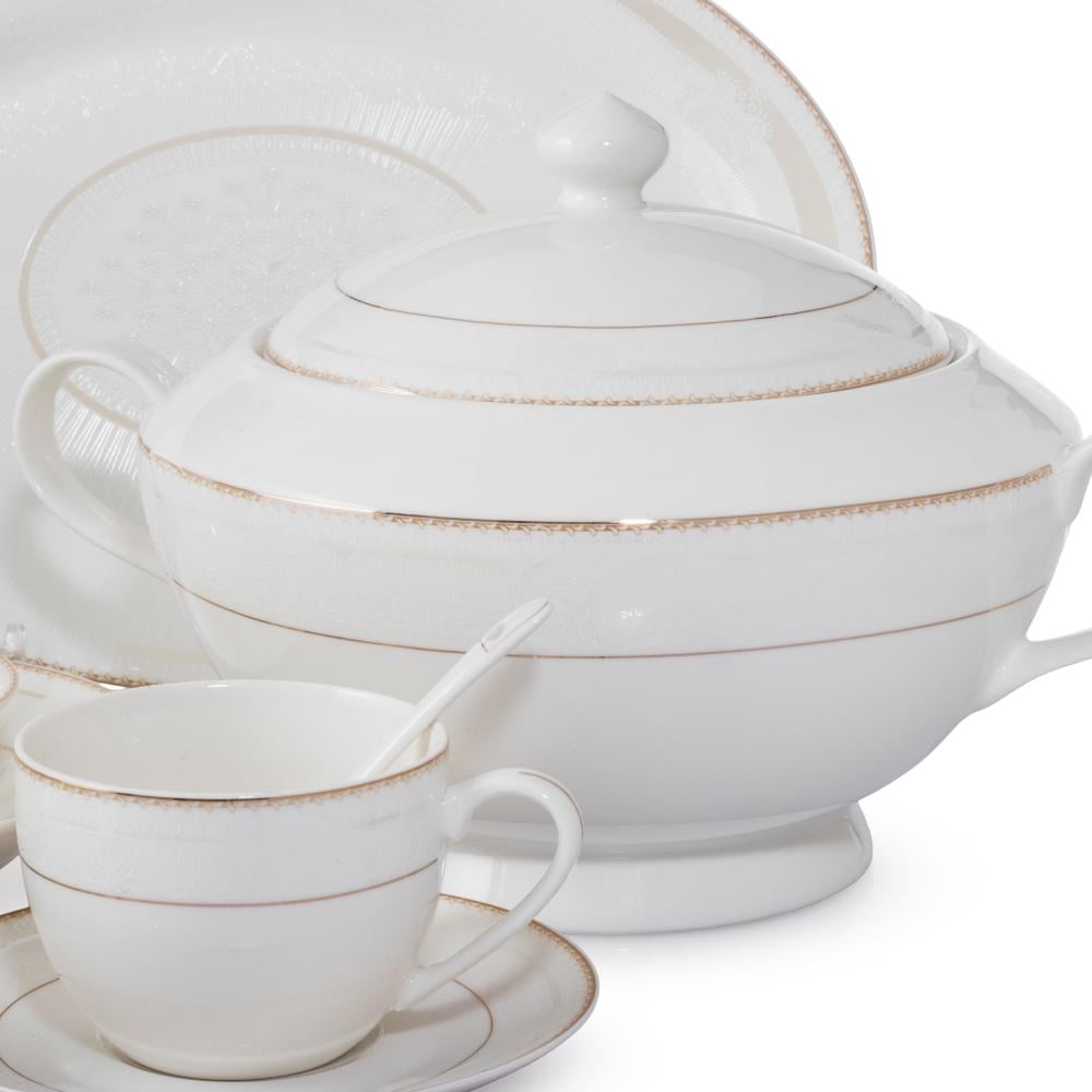 طقم عشاء بورسلان فاخر ابيض بنقش ذهبي مزخرف 70 قطعة 6 اشخاص