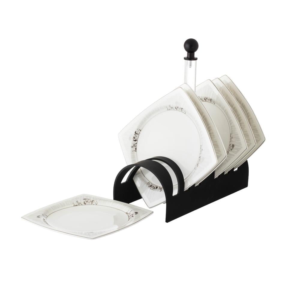 طقم صحون حلا بورسلان مربع منقوش 6 قطعة مع استاند اكريلك اسود مقاس 16 سم