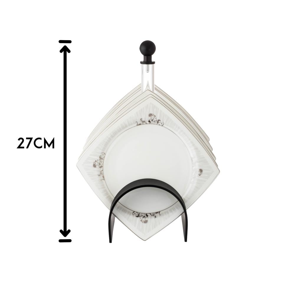 طقم صحون حلا بورسلان مربع منقوش 6 قطعة مع استاند اكريلك اسود مقاس 16 سم