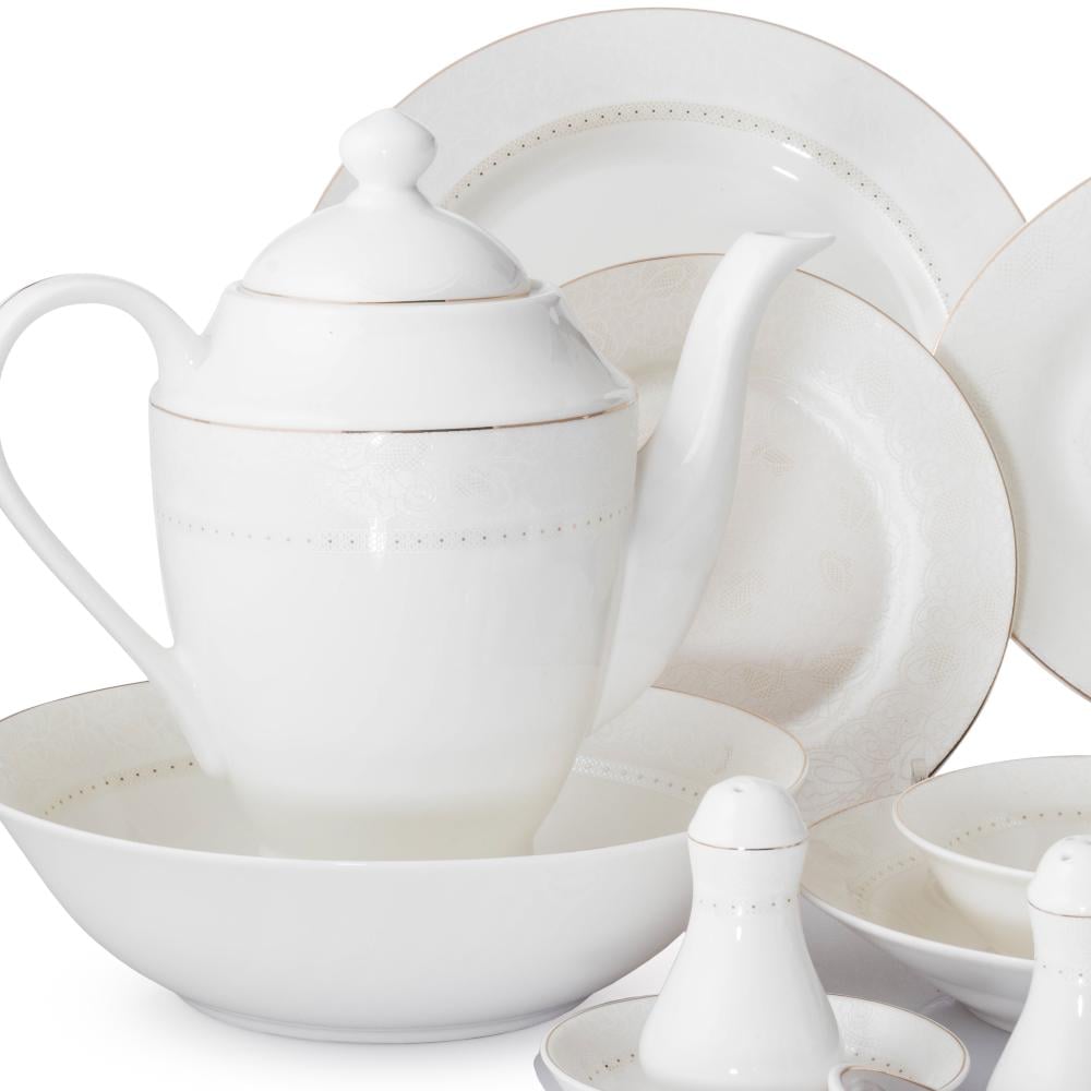 طقم عشاء بورسلان فاخر ابيض بنقش ذهبي مزخرف 70 قطعة 6 اشخاص