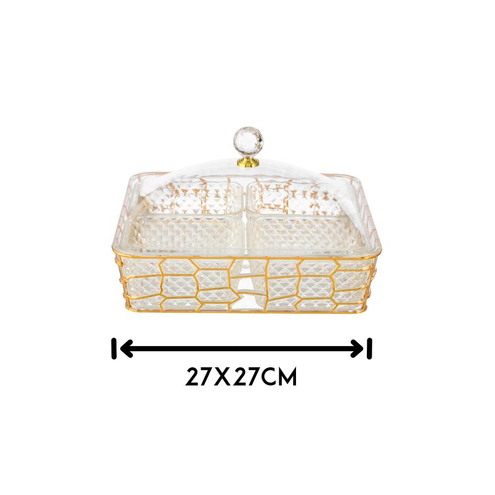 صحن مكسرات اكريلك ذهبي بغطاء 4 خانات