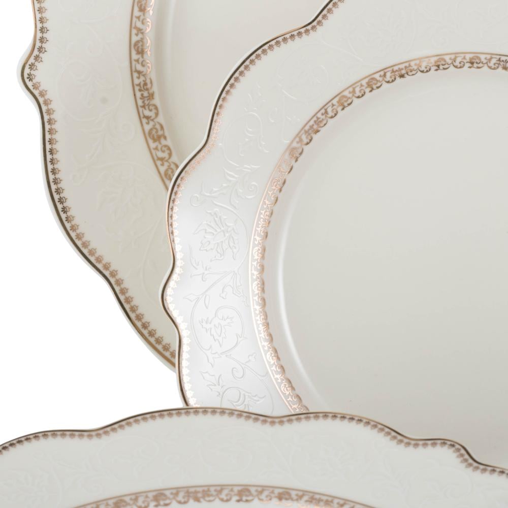 طقم عشاء بورسلان فاخر ابيض وذهبي بنقشات ناعمة 28 قطعة 6 اشخاص