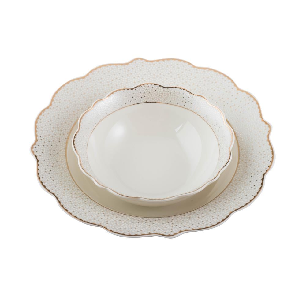 طقم عشاء بورسلان فاخر ابيض وذهبي بنقشات ناعمة 28 قطعة 6 اشخاص