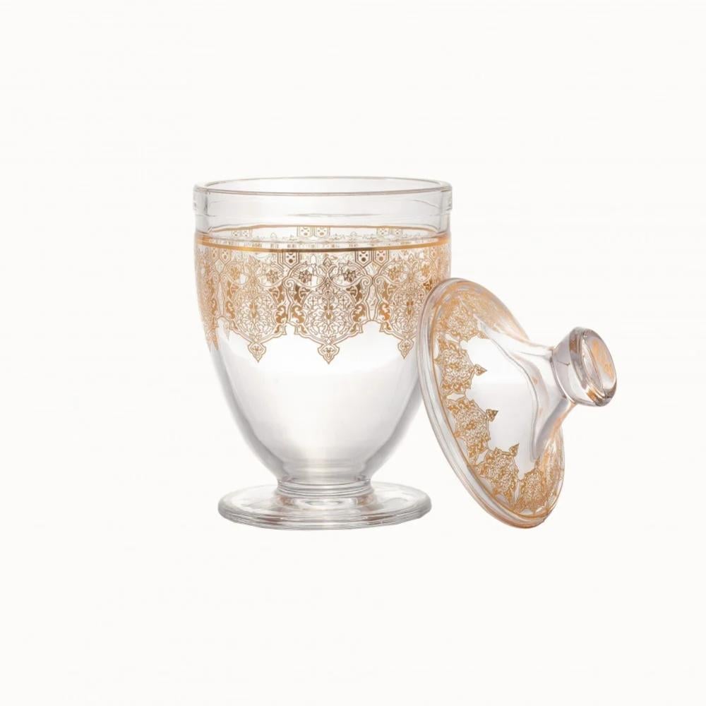 طقم علب سكر وشاي وقهوة وهيل زجاج سادة مزخرف ذهبي 4 قطعة