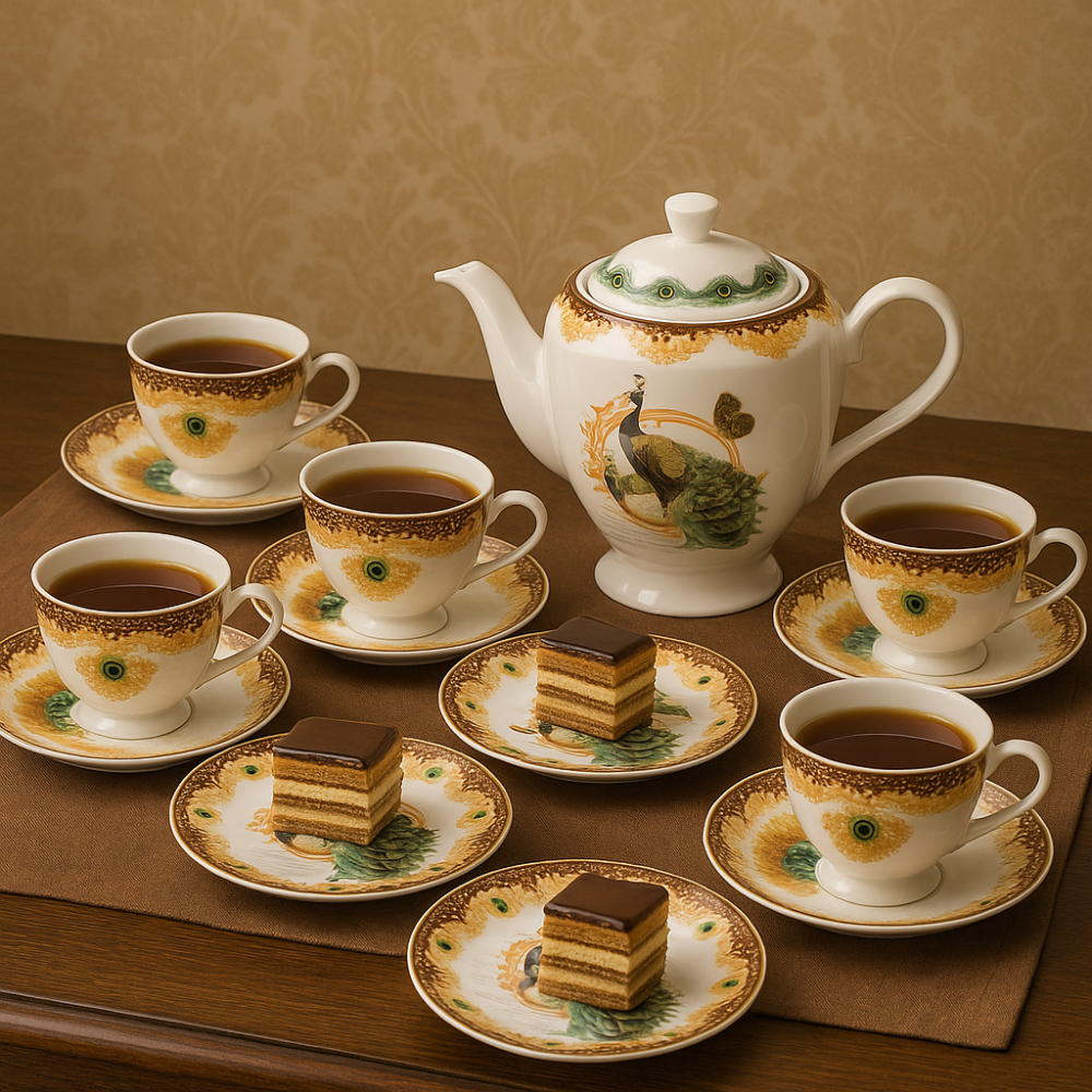 طقم سفرة بورسلان فاخر 107 قطعة نقشة طاووس 12 شخص