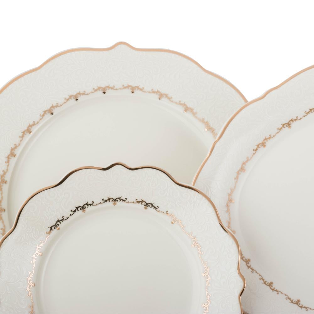 طقم عشاء بورسلان فاخر ابيض وذهبي بنقشات ناعمة 28 قطعة 6 اشخاص