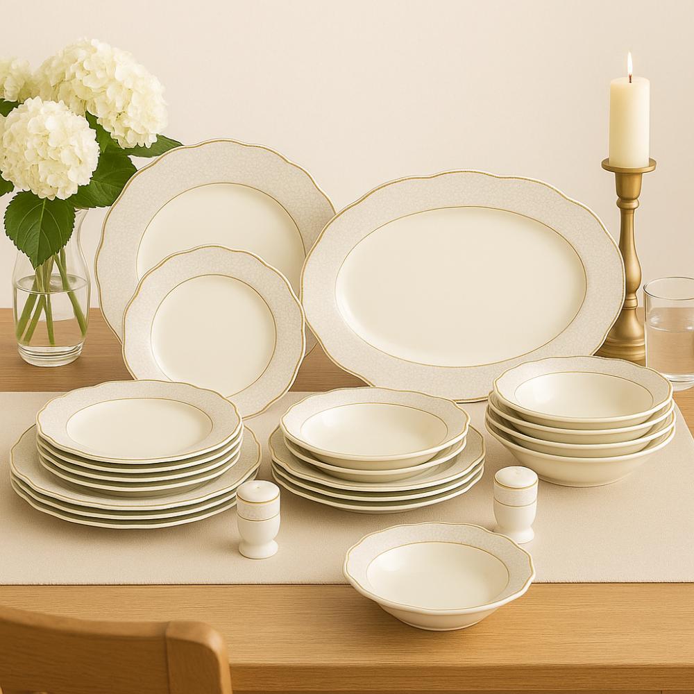 طقم عشاء بورسلان فاخر ابيض وذهبي بنقشات ناعمة 28 قطعة 6 اشخاص