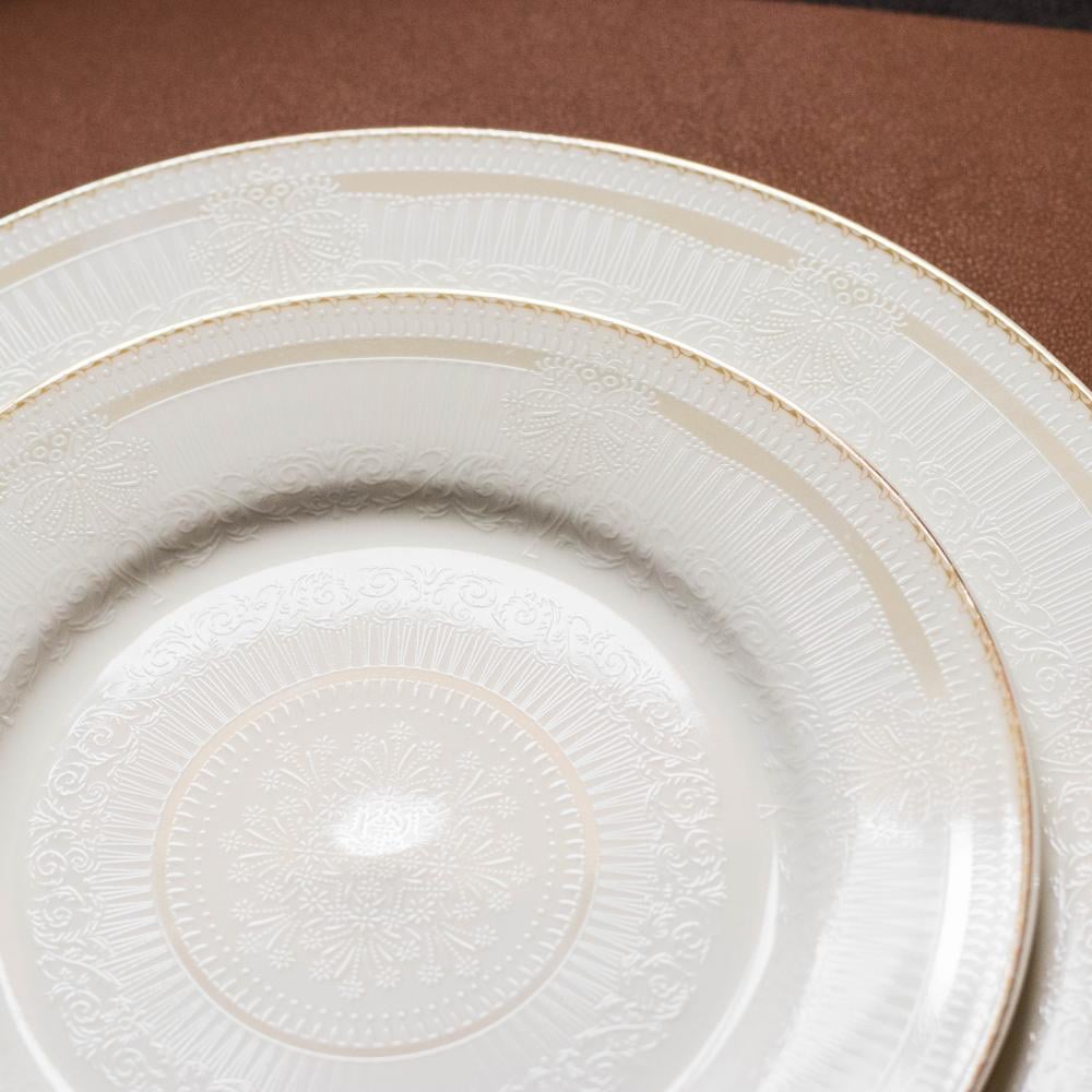 طقم عشاء بورسلان فاخر ابيض بنقش ذهبي مزخرف 70 قطعة 6 اشخاص