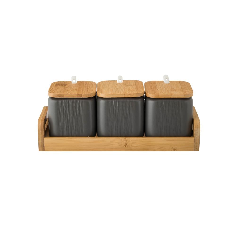 طقم علب سكر وشاي وبهارات مع ملاعق بورسلان رمادي بغطاء واستاند خشب 3 قطعة