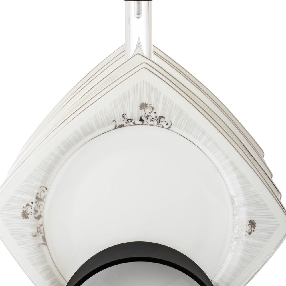 طقم صحون حلا بورسلان مربع منقوش 6 قطعة مع استاند اكريلك اسود مقاس 16 سم