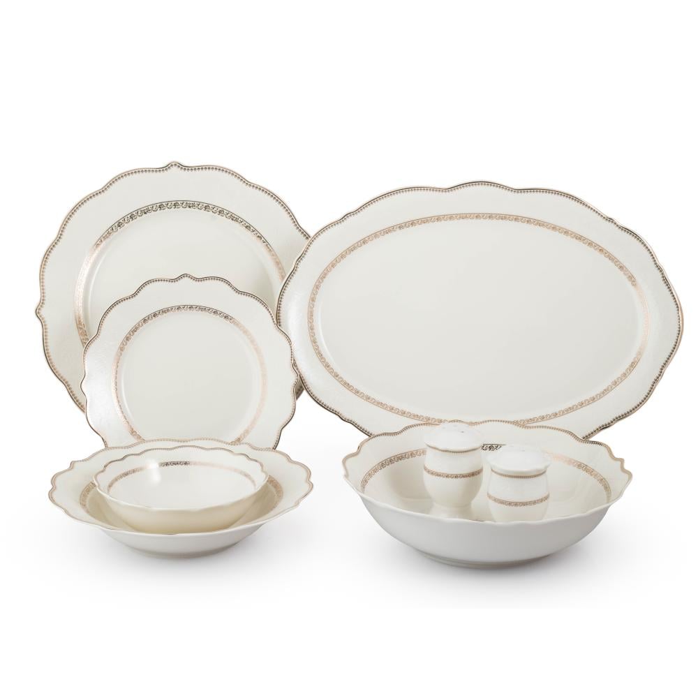 طقم عشاء بورسلان فاخر ابيض وذهبي بنقشات ناعمة 28 قطعة 6 اشخاص