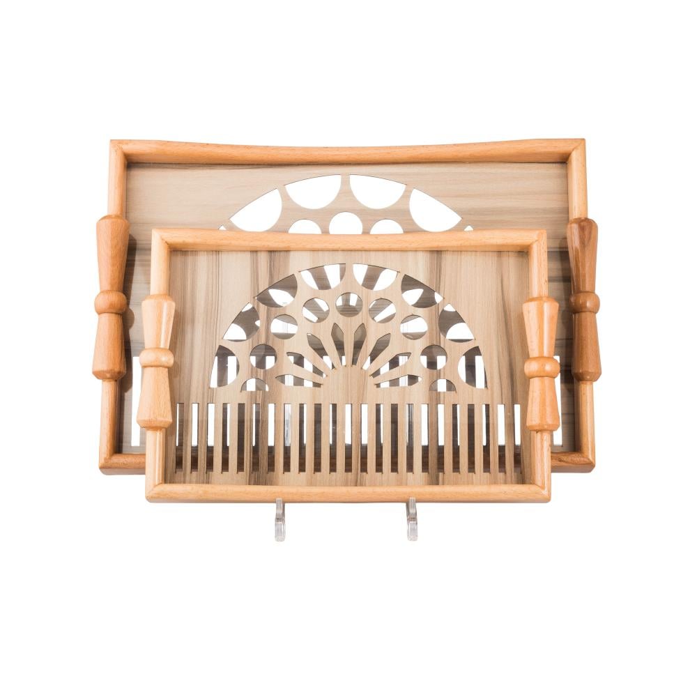 طقم صواني خشب 2 قطعة يد فيونكه ارضية مزخرفة مع طبقة عازلة اكريلك شفاف