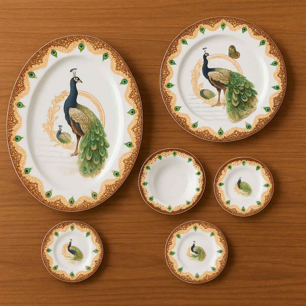 طقم سفرة بورسلان فاخر 107 قطعة نقشة طاووس 12 شخص
