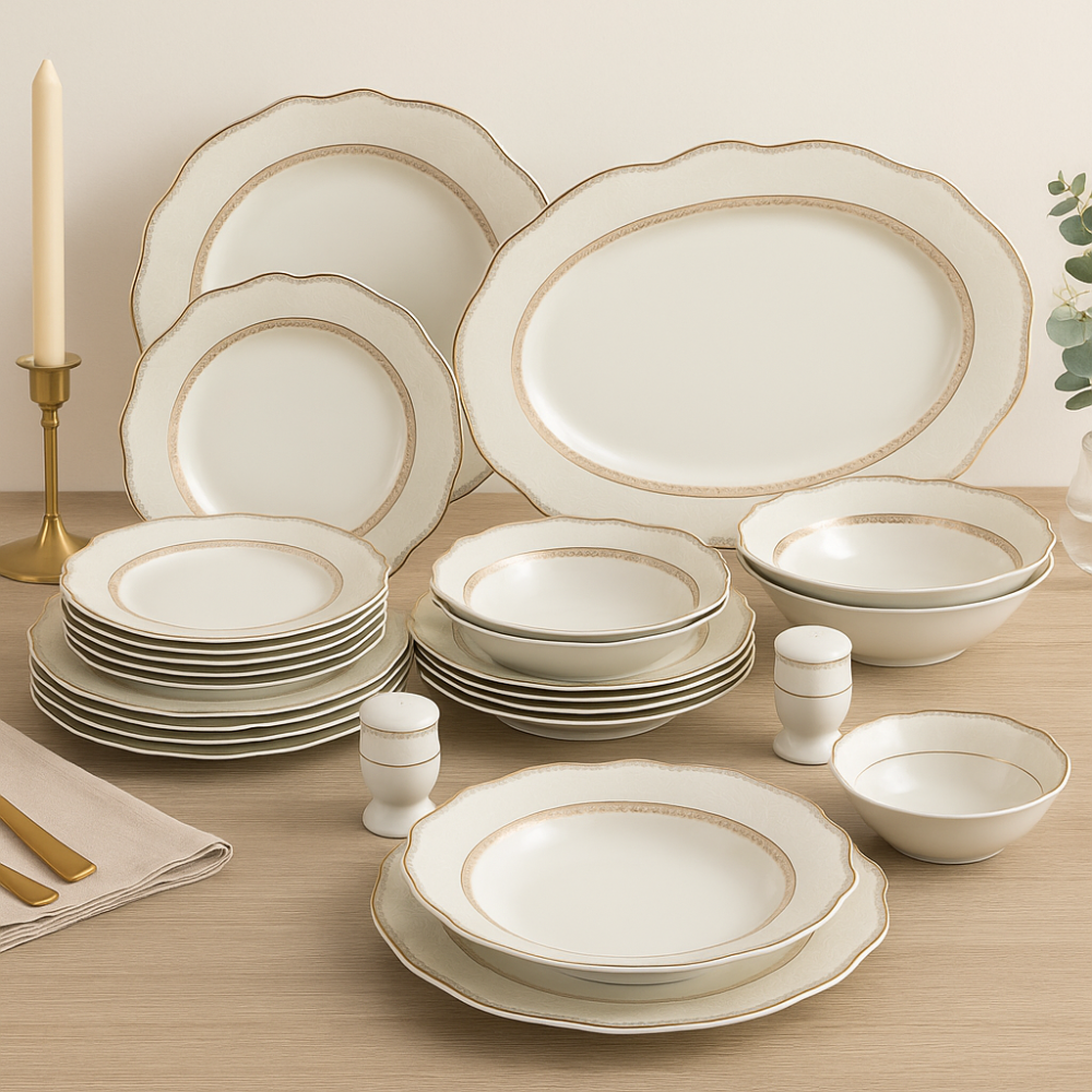 طقم عشاء بورسلان فاخر ابيض وذهبي بنقشات ناعمة 28 قطعة 6 اشخاص