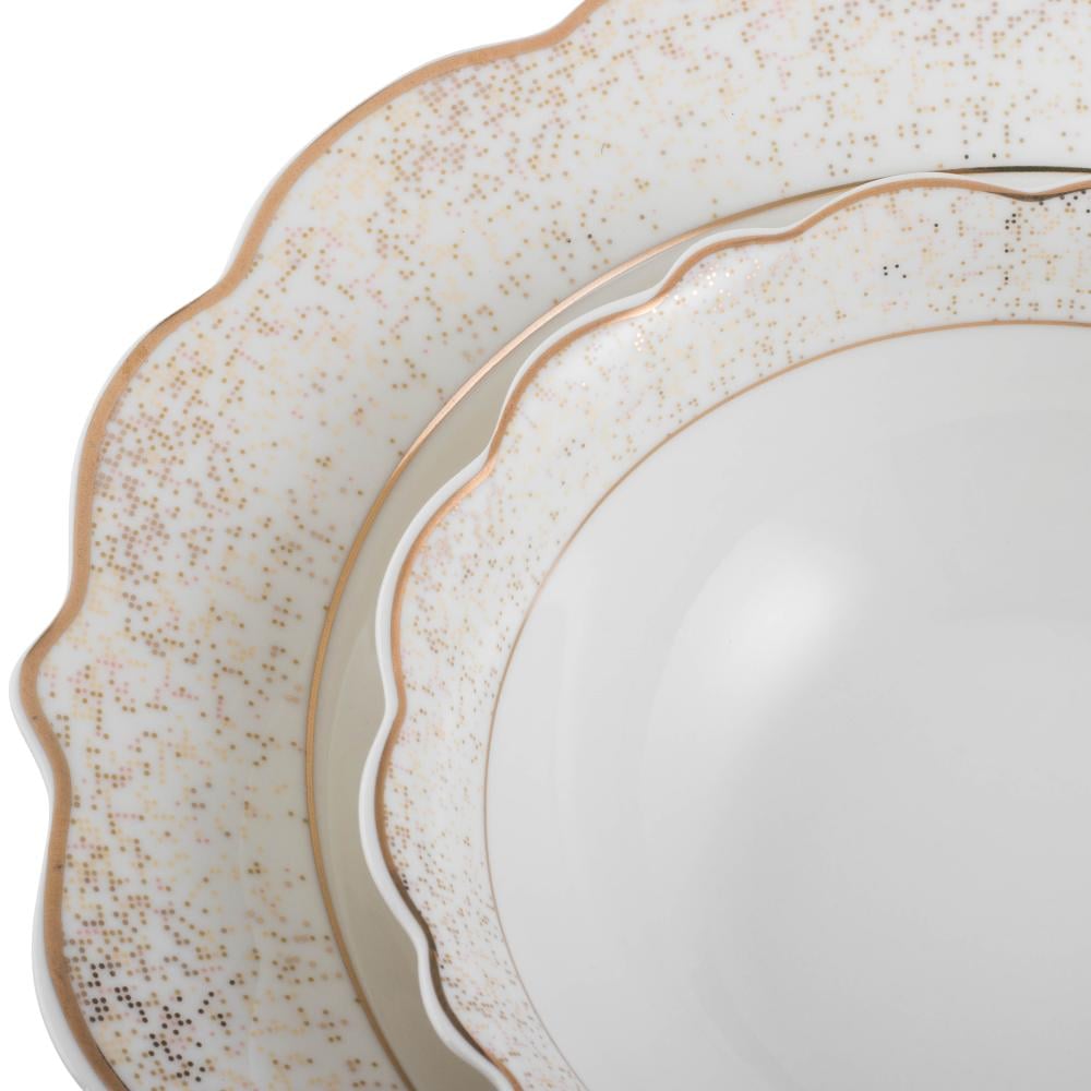 طقم عشاء بورسلان فاخر ابيض وذهبي بنقشات ناعمة 28 قطعة 6 اشخاص