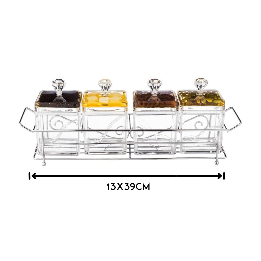 طقم علب سكر وشاي اكريلك 4 علبة مع استاند معدن فضي