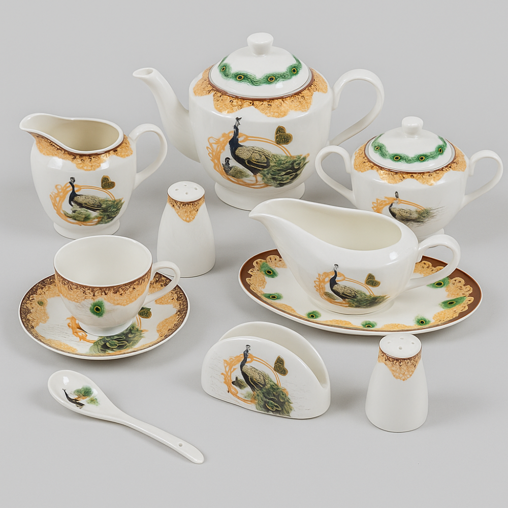 طقم سفرة بورسلان فاخر 107 قطعة نقشة طاووس 12 شخص