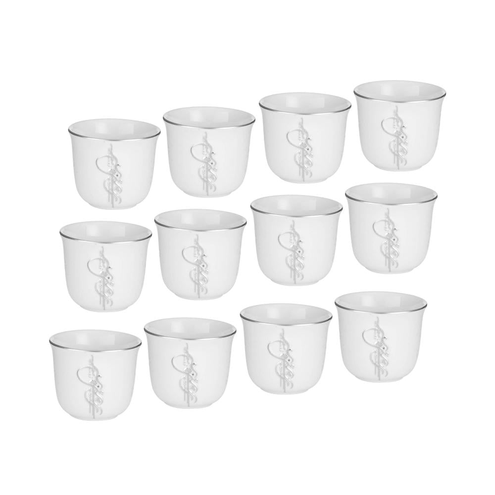 فناجين قهوة سعودي بورسلان ابيض بحروف مزخرفة فضي 12 قطعة 75 مل