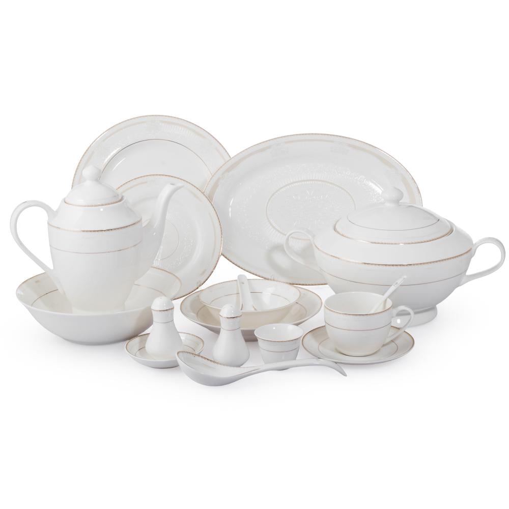 طقم عشاء بورسلان فاخر ابيض بنقش ذهبي مزخرف 70 قطعة 6 اشخاص