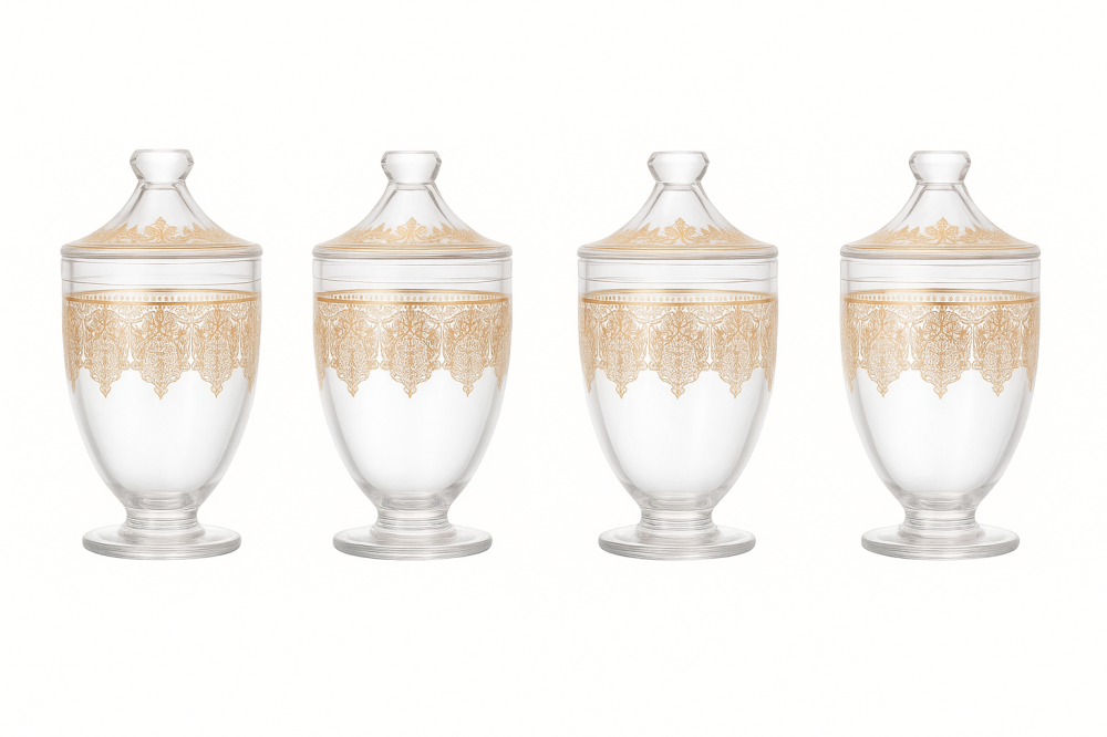 طقم علب سكر وشاي وقهوة وهيل زجاج سادة مزخرف ذهبي 4 قطعة