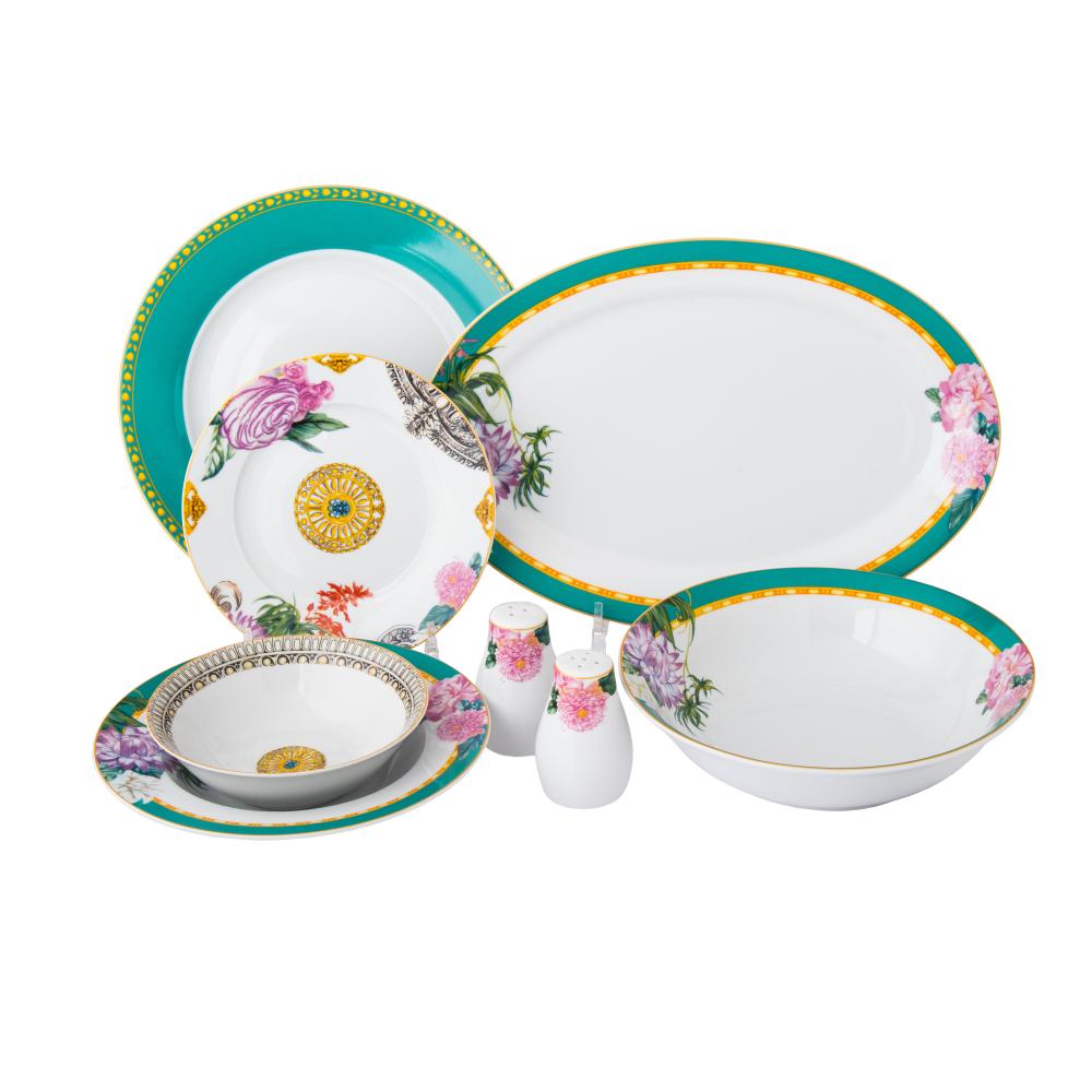 طقم عشاء بورسلان بنقشات ورود تركوازي 28 قطعة 6 اشخاص