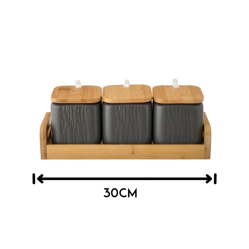 طقم علب سكر وشاي وبهارات مع ملاعق بورسلان رمادي بغطاء واستاند خشب 3 قطعة