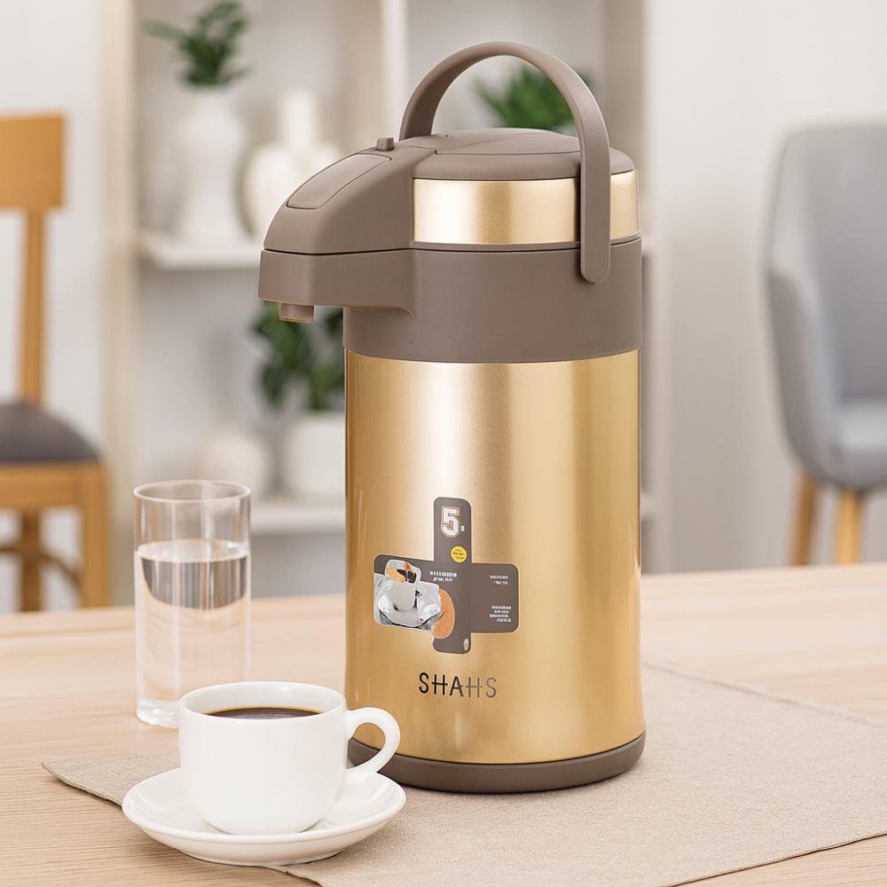 شاها ترمس ضغط ستانلس ستيل من الداخل والخارج عالي الجودة لحفظ الحرارة 4 لتر ذهبي